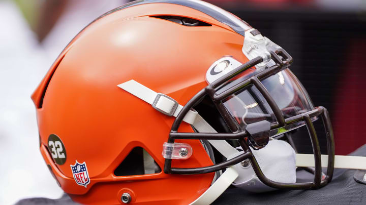 Aug 26, 2023; Kansas City, Missouri, USA; A general view of a Cleveland Browns helmet during the second half against the Kansas City Chiefs at GEHA Field at Arrowhead Stadium.