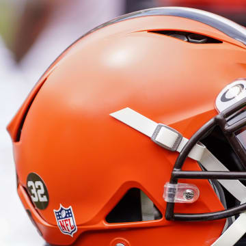 Aug 26, 2023; Kansas City, Missouri, USA; A general view of a Cleveland Browns helmet during the second half against the Kansas City Chiefs at GEHA Field at Arrowhead Stadium. Mandatory Credit: Denny Medley-USA TODAY Sports