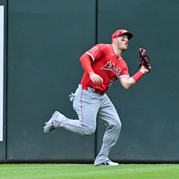 Angels outfielder Mike Trout (27) catches a fly ball off the bat of Minnesota Twins catcher Ryan Jeffers (not pictured) during the fourth inning at Target Field. 
