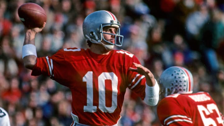 Nov 22, 1980; Columbus, OH, USA FILE PHOTO; Ohio State Buckeyes quarterback Art Schlichter (10) in action against the Michigan Wolverines at Ohio Stadium. Michigan beat the Buckeyes 9-3.