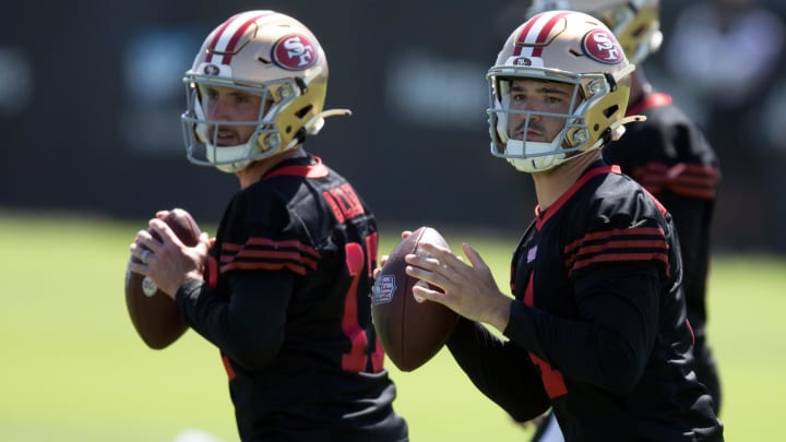 Jul 26, 2024; Santa Clara, CA, USA; San Francisco 49ers quarterback Brandon Allen (17) and quarterback Tanner Mordecai (4) drop to pass in drills during Day 4 of training camp at SAP Performance Facility. Mandatory Credit: D. Ross Cameron-USA TODAY Sports