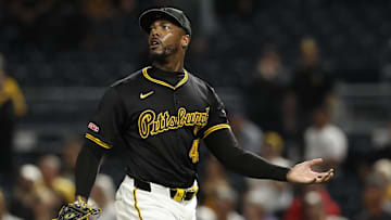 Sep 9, 2024; Pittsburgh, Pennsylvania, USA;  Pittsburgh Pirates relief pitcher Aroldis Chapman (45) reacts after surrendering a run to the Miami Marlins during the ninth inning at PNC Park. Pittsburgh won 3-2.