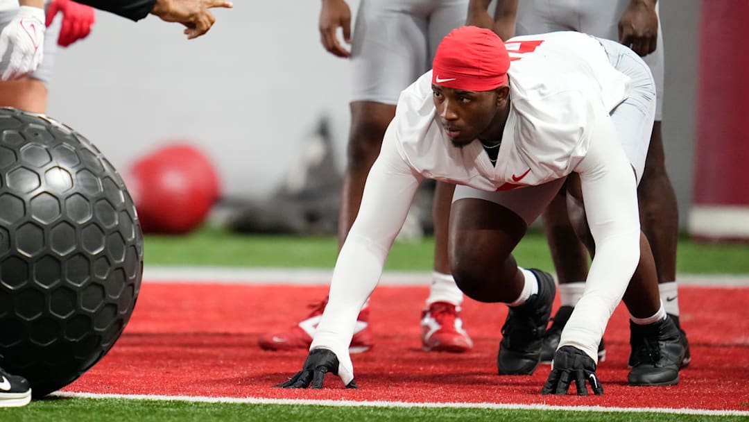 Ohio State Buckeyes defensive line coach Larry Johnson works with defensive end Kenyatta Jackson Jr. (2) during the first day of spring workouts for the 2026 football season at Woody Hayes Athletic Complex in Columbus on March 10, 2026.