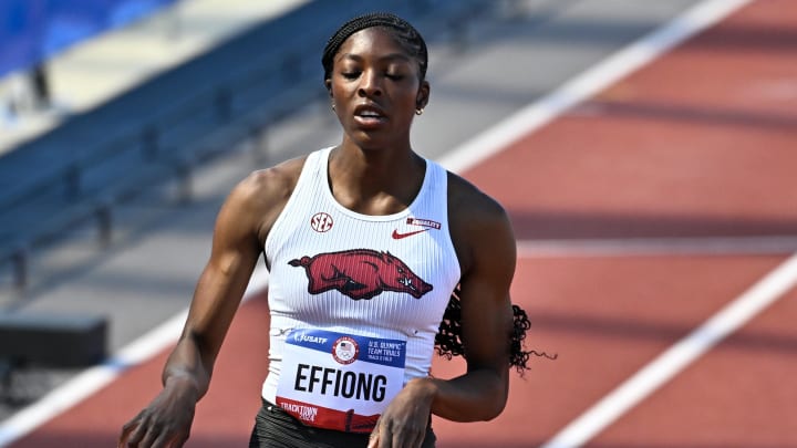 Rosey Effiong finishes her heat in the 400m dash during the US Olympic Track and Field Team Trials. She also ran in the 200m and advanced to the semifinals.