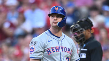 Oct 6, 2024; Philadelphia, Pennsylvania, USA; New York Mets first base Pete Alonso (20) reacts after striking our in the third inning against the Philadelphia Phillies during game two of the NLDS for the 2024 MLB Playoffs at Citizens Bank Park. Mandatory Credit: Kyle Ross-Imagn Images
