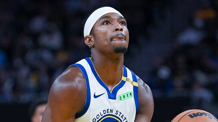 Oct 6, 2026; San Francisco, California, USA;  Golden State Warriors guard Brandon Williams (12) takes a free throw during the third quarter of the game against the Los Angeles Lakers at Chase Center.  Mandatory Credit: Ed Szczepanski-Imagn Images