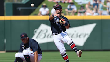 Feb 25, 2023; North Port, Florida, USA; Atlanta Braves infielder Luke Waddell (75) throws the ball to first base for an out against the Boston Red Sox during the second inning at CoolToday Park. Mandatory Credit: Kim Klement-Imagn Images