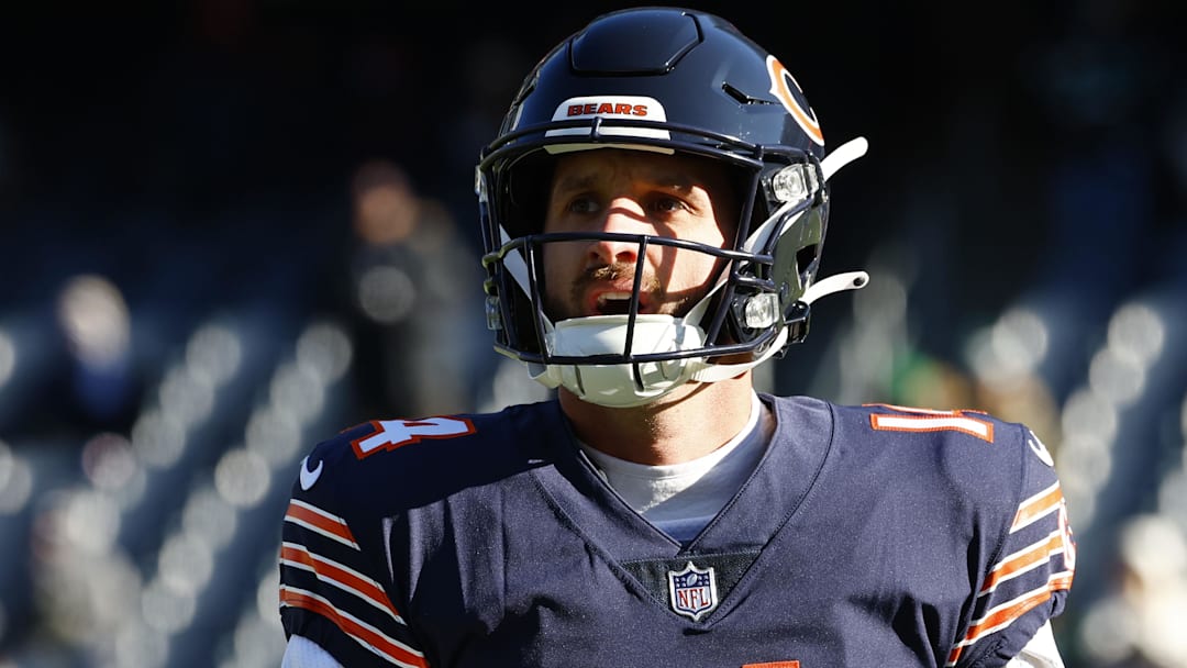 Former Chicago Bears quarterback Nathan Peterman (14) practices before the game against the Philadelphia Eagles at Soldier Field.