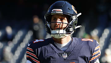 Former Chicago Bears quarterback Nathan Peterman (14) practices before the game against the Philadelphia Eagles at Soldier Field.