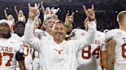 Texas Longhorns head coach Steve Sarkisian reacts after beating the Mississippi State Bulldogs in overtime at Davis Wade Stadium at Scott Field.