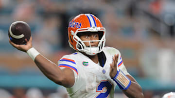 Sep 20, 2025; Miami Gardens, Florida, USA; Florida Gators quarterback DJ Lagway (2) passes the football against the Miami Hurricanes during the second quarter at Hard Rock Stadium. Mandatory Credit: Sam Navarro-Imagn Images
