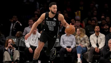 Nov 19, 2024; Brooklyn, New York, USA; Brooklyn Nets guard Ben Simmons (10) brings the ball up court against the Charlotte Hornets during the fourth quarter at Barclays Center. Mandatory Credit: Brad Penner-Imagn Images