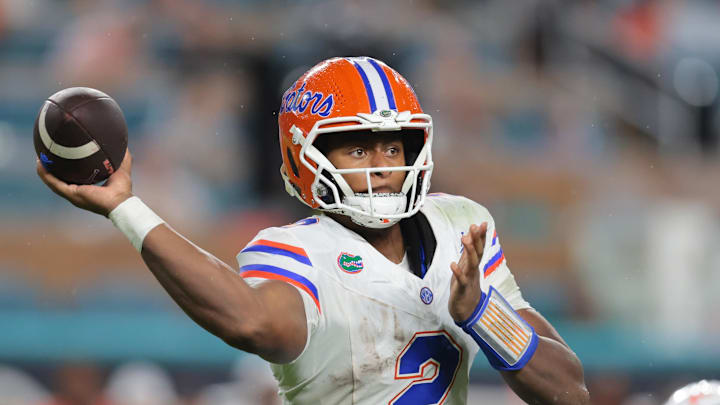Sep 20, 2025; Miami Gardens, Florida, USA; Florida Gators quarterback DJ Lagway (2) passes the football against the Miami Hurricanes during the second quarter at Hard Rock Stadium. Mandatory Credit: Sam Navarro-Imagn Images