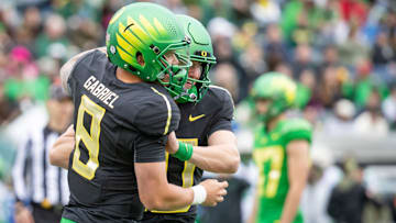 Oregon quarterback Dillon Gabriel congratulates Luke Moga after a touchdown by Mona during the Oregon Ducks’ Spring Game Saturday, April 27. 2024 at Autzen Stadium in Eugene, Ore.