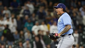 Aug 27, 2024; Seattle, Washington, USA; Tampa Bay Rays relief pitcher Manuel Rodriguez (39) reacts following the final out of the ninth inning against the Seattle Mariners at T-Mobile Park. Mandatory Credit: Joe Nicholson-Imagn Images