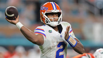 Sep 20, 2025; Miami Gardens, Florida, USA; Florida Gators quarterback DJ Lagway (2) passes the football against the Miami Hurricanes during the second quarter at Hard Rock Stadium.