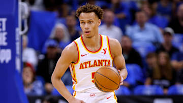  Dyson Daniels running a play versus the Orlando Magic in the 2025 Play-In Tournament. 