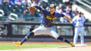 Mar 30, 2024; New York City, New York, USA;  Milwaukee Brewers pitcher DL Hall (37) pitches in the first inning against the New York Mets at Citi Field.