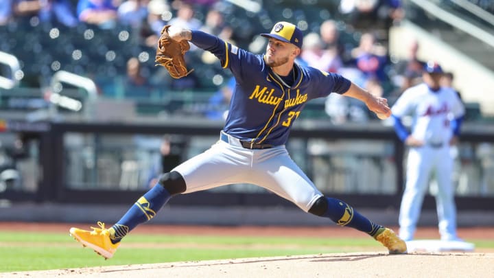 Mar 30, 2024; New York City, New York, USA;  Milwaukee Brewers pitcher DL Hall (37) pitches in the first inning against the New York Mets at Citi Field.