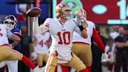Nov 2, 2025; East Rutherford, New Jersey, USA; San Francisco 49ers quarterback Mac Jones (10) stands in the pocket against the New York Giants during the first half at MetLife Stadium. Mandatory Credit: Ed Mulholland-Imagn Images