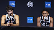 Sep 23, 2025; Brooklyn, NY, USA;  Brooklyn Nets guards Ben Saraf (77) and Kobe Bufkin (44) speak at Media Day. Mandatory Credit: Wendell Cruz-Imagn Images