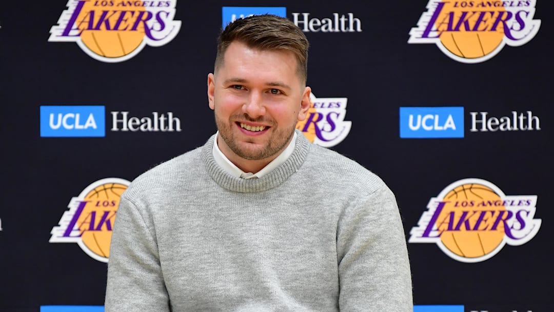 Feb 4, 2025; El Segundo, CA, USA; Los Angeles Lakers guard Luka Doncic is introduced at UCLA Health Training Center. Mandatory Credit: Gary A. Vasquez-Imagn Images
