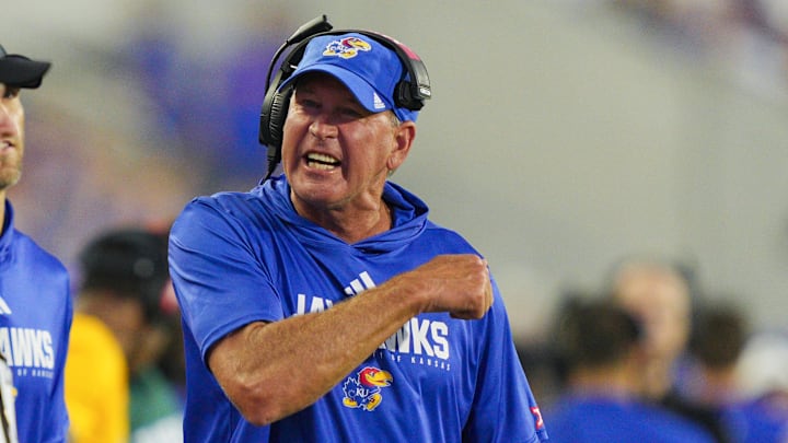 Aug 23, 2025; Lawrence, Kansas, USA; Kansas Jayhawks head coach Lance Leipold reacts after a play during the second half against the Fresno State Bulldogs at David Booth Kansas Memorial Stadium. Mandatory Credit: Jay Biggerstaff-Imagn Images Aug 23, 2025; Lawrence, Kansas, USA; Kansas Jayhawks head coach Lance Leipold reacts after a play during the second half against the Fresno State Bulldogs at David Booth Kansas Memorial Stadium. Mandatory Credit: Jay Biggerstaff-Imagn Images
