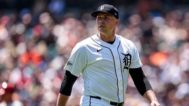 Detroit Tigers pitcher Tarik Skubal (29) walks off the mound after pitching the second inning against Philadelphia Phillies at Comerica Park in Detroit on Sunday, July 12, 2026.