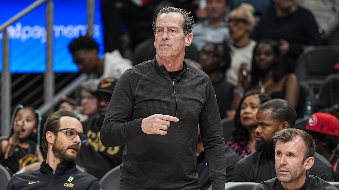 Apr 10, 2026; Atlanta, Georgia, USA; Cleveland Cavaliers head coach Kenny Atkinson reacts on the bench during the game against the Atlanta Hawks during the second half at State Farm Arena. Mandatory Credit: Dale Zanine-Imagn Images