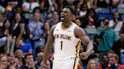 Mar 11, 2025; New Orleans, Louisiana, USA; New Orleans Pelicans forward Zion Williamson (1) reacts after a dunk against the Los Angeles Clippers during the fourth quarter at Smoothie King Center. Mandatory Credit: Matthew Hinton-Imagn Images