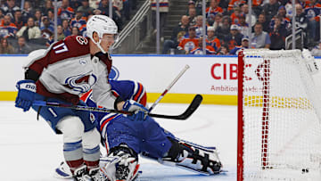 Colorado Avalanche forward Parker Kelly (17) scores a short-handed goal on Edmonton Oilers goaltender Calvin Pickard (30)