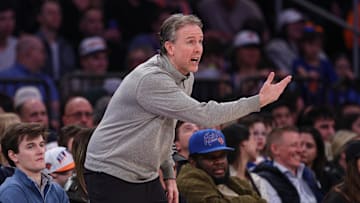 Mar 22, 2025; New York, New York, USA; Washington Wizards head coach Brian Keefe reacts during the first half against the New York Knicks at Madison Square Garden. Mandatory Credit: Vincent Carchietta-Imagn Images