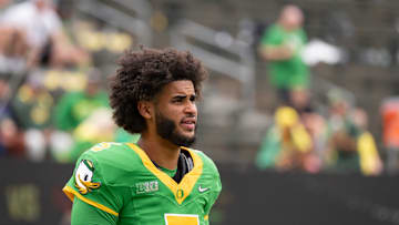 Oregon quarterback Dante Moore warms up as the Oregon Ducks host the Oklahoma State Cowboys on Sept. 6, 2025, at Autzen Stadium in Eugene, Oregon.