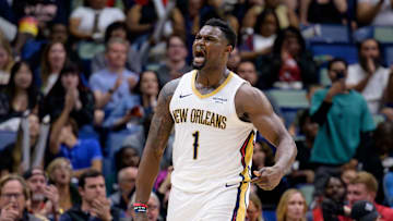 Mar 11, 2025; New Orleans, Louisiana, USA; New Orleans Pelicans forward Zion Williamson (1) reacts after a dunk against the Los Angeles Clippers during the fourth quarter at Smoothie King Center. Mandatory Credit: Matthew Hinton-Imagn Images