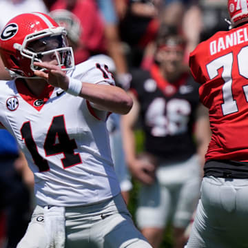 Georgia quarterback Gunner Stockton (14) throws a deep ball during the Georgia G-Day spring football game in Athens, Ga., on Saturday, April 12, 2025.
