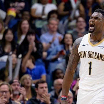 Mar 11, 2025; New Orleans, Louisiana, USA; New Orleans Pelicans forward Zion Williamson (1) reacts after a dunk against the Los Angeles Clippers during the fourth quarter at Smoothie King Center. Mandatory Credit: Matthew Hinton-Imagn Images