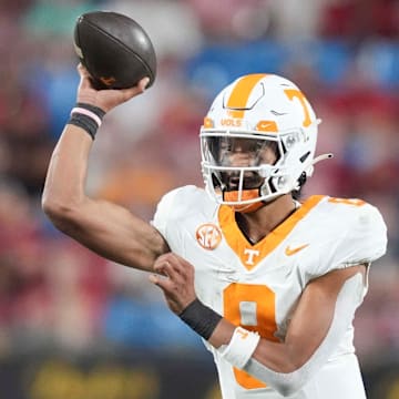 Tennessee quarterback Nico Iamaleava (8) throws a pass at the NCAA College football game between Tennessee and NC State on Saturday, Sept. 7, 2024 in Charlotte, NC.