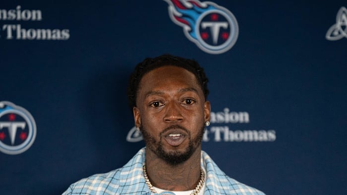 Tennessee Titans newly signed free agent wide receiver Calvin Ridley fields questions during his