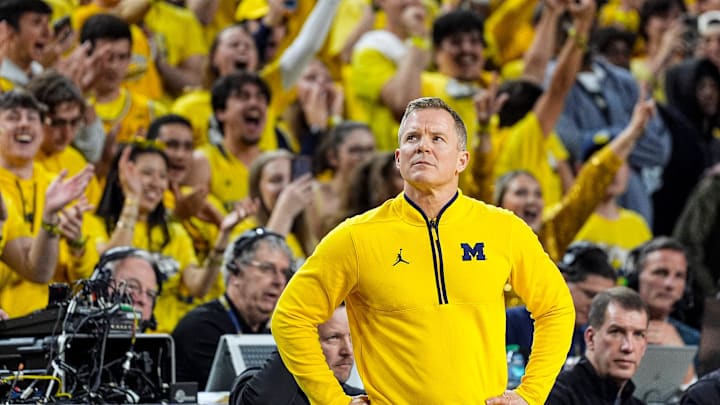 Michigan head coach Dusty May looks on after a play against Michigan State during the second half at Crisler Center in Ann Arbor on Sunday, March 8, 2026.