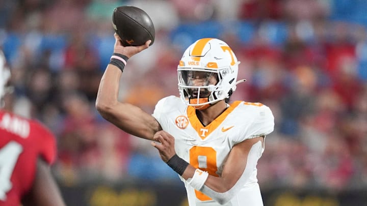 Tennessee quarterback Nico Iamaleava (8) throws a pass at the NCAA College football game between Tennessee and NC State on Saturday, Sept. 7, 2024 in Charlotte, NC.