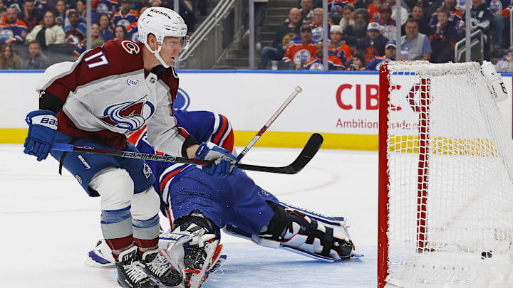 Nov 8, 2025; Edmonton, Alberta, CAN; Colorado Avalanche forward Parker Kelly (17) scores a goal on Edmonton Oilers goaltender Calvin Pickard (30) during the second period against the Edmonton Oilers at Rogers Place. Mandatory Credit: Perry Nelson-Imagn Images