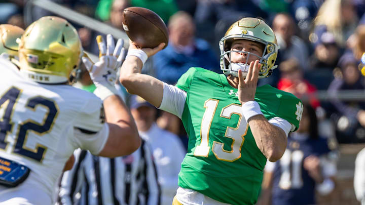 Apr 12, 2025; Notre Dame, IN, USA; Notre Dame Fighting Irish quarterback CJ Carr (13) throws a pass during the Blue-Gold game at Notre Dame Stadium. Mandatory Credit: Michael Caterina-Imagn Images
