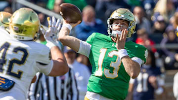 Apr 12, 2025; Notre Dame, IN, USA; Notre Dame Fighting Irish quarterback CJ Carr (13) throws a pass during the Blue-Gold game at Notre Dame Stadium. Mandatory Credit: Michael Caterina-Imagn Images