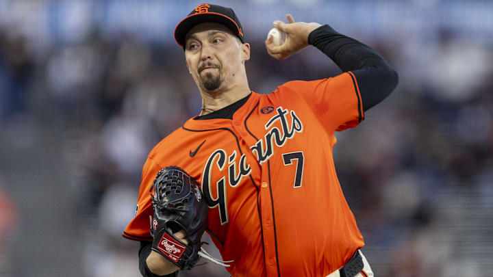 Aug 30, 2024; San Francisco, California, USA; San Francisco Giants starting pitcher Blake Snell (7) throws against the Miami Marlins during the first inning at Oracle Park