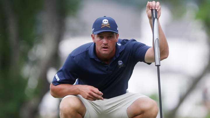 Bryson DeChambeau of Crushers GC of Legion XIII lines up a putt during the final round of the LIV Golf Tournament at The Grove Sunday, June 23, 2024 in College Grove.