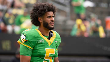 Oregon quarterback Dante Moore warms up as the Oregon Ducks host the Oklahoma State Cowboys on Sept. 6, 2025, at Autzen Stadium in Eugene, Oregon.