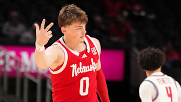 Nebraska Cornhuskers guard Connor Essegian celebrates after scoring against the New Mexico Lobos during the first half of the game at T-Mobile Center.