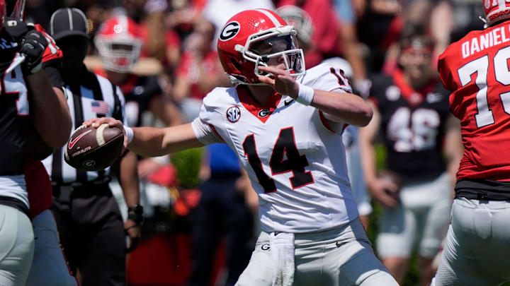 Georgia quarterback Gunner Stockton (14) throws a deep ball during the Georgia G-Day spring football game in Athens, Ga., on Saturday, April 12, 2025.