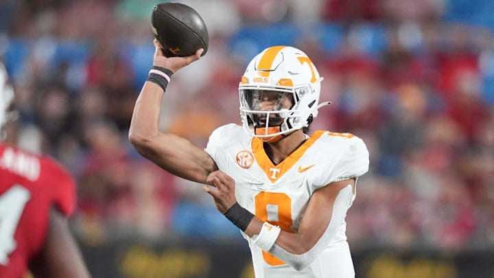 Tennessee quarterback Nico Iamaleava (8) throws a pass at the NCAA College football game between Tennessee and NC State on Saturday, Sept. 7, 2024 in Charlotte, NC.