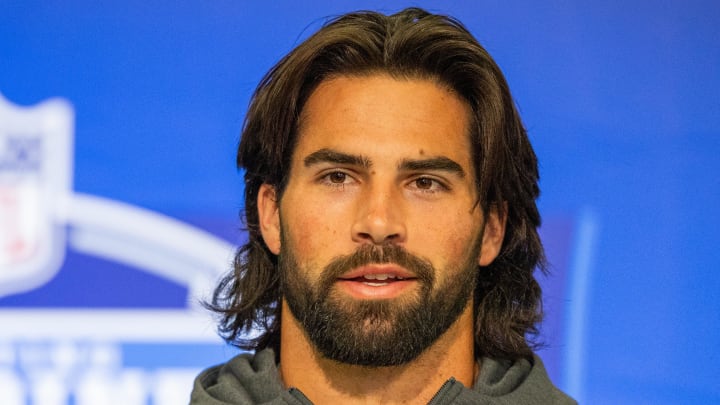 Mar 1, 2024; Indianapolis, IN, USA; Notre Dame quarterback Sam Hartman (QB02)  talks to the media during the 2024 NFL Combine at Lucas Oil Stadium. 